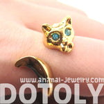 Kitty Cat Shaped Animal Wrap Ring in Shiny Gold with Turquoise Eyes | US Sizes 6 to 9 | DOTOLY