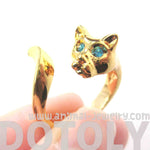 Kitty Cat Shaped Animal Wrap Ring in Shiny Gold with Turquoise Eyes | US Sizes 6 to 9 | DOTOLY