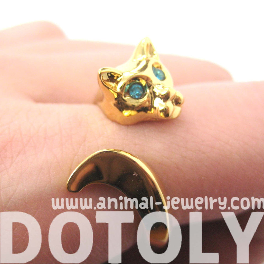 Kitty Cat Shaped Animal Wrap Ring in Shiny Gold with Turquoise Eyes | US Sizes 6 to 9 | DOTOLY