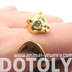 Kitty Cat Shaped Animal Wrap Ring in Shiny Gold with Turquoise Eyes | US Sizes 6 to 9 | DOTOLY