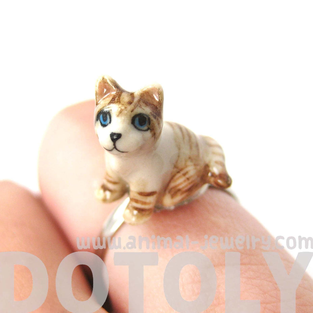 Kitty Cat Shaped Porcelain Ceramic Animal Adjustable Ring in Brown and White | Handmade | DOTOLY