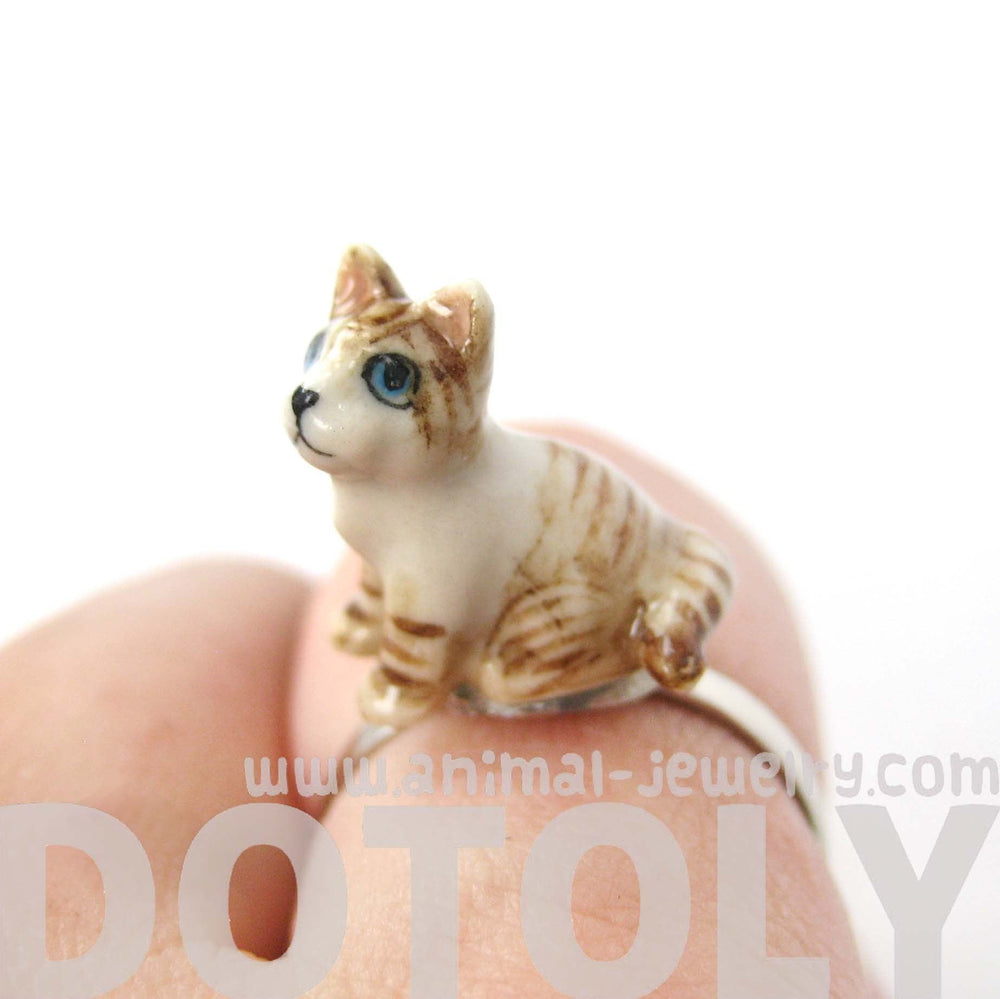 Kitty Cat Shaped Porcelain Ceramic Animal Adjustable Ring in Brown and White | Handmade | DOTOLY