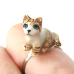 Kitty Cat Shaped Porcelain Ceramic Animal Adjustable Ring in Brown and White | Handmade | DOTOLY