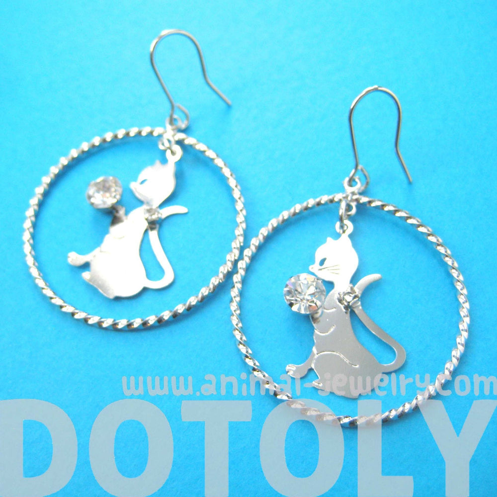 Kitty Cat Silhouette Hoop and Rhinestones Dangle Earrings in Silver | Animal Jewelry | DOTOLY