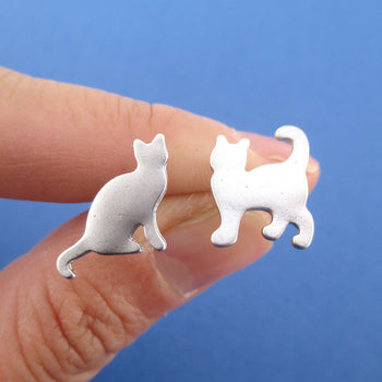 Kitty Cat Silhouette Pet Themed Mix and Match Stud Earrings in Silver