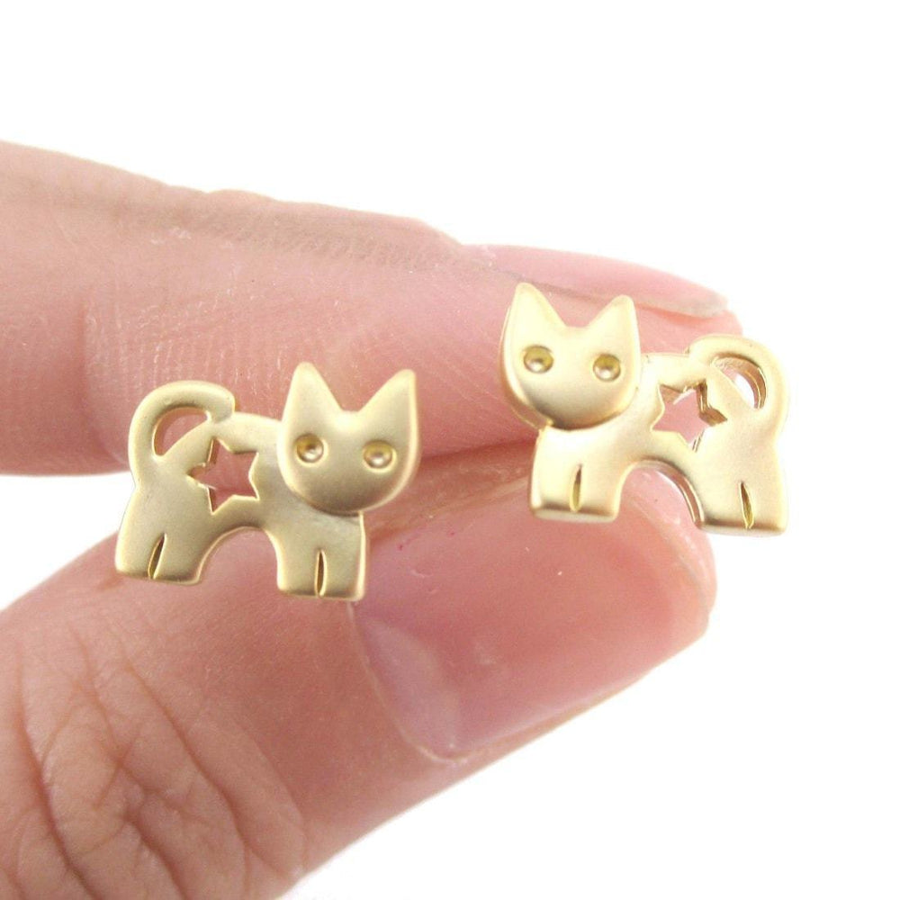 Kitty Cat Silhouette with Star Cut Out Shaped Stud Earrings in Gold | DOTOLY | DOTOLY