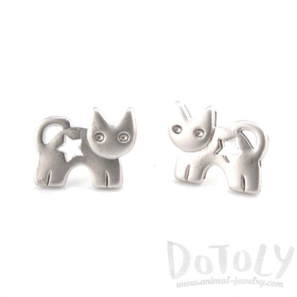 Kitty Cat Silhouette with Star Cut Out Shaped Stud Earrings in Silver | DOTOLY | DOTOLY