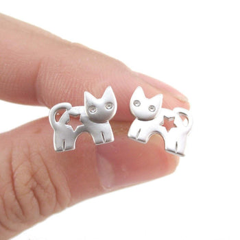 Kitty Cat Silhouette with Star Cut Out Shaped Stud Earrings in Silver | DOTOLY | DOTOLY