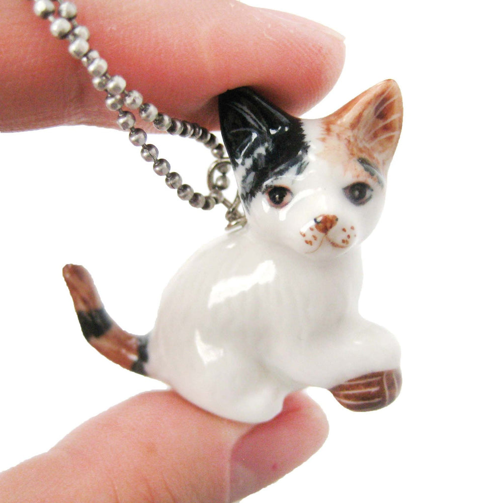Kitty Cat With Ball of Yarn Ceramic Porcelain Animal Pendant Necklace | Handmade | DOTOLY