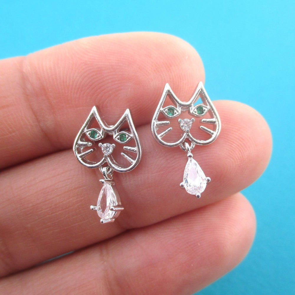 Kitty Tabby Cat Face Outline Shaped Rhinestone Earrings