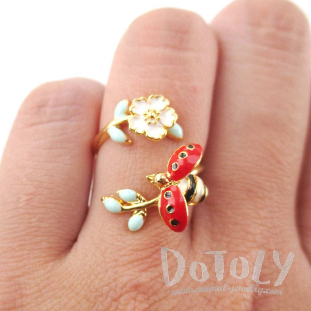 Ladybug on a Floral Branch Shaped Enamel Adjustable Ring | DOTOLY
