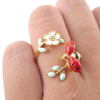 Ladybug on a Floral Branch Shaped Enamel Adjustable Ring | DOTOLY