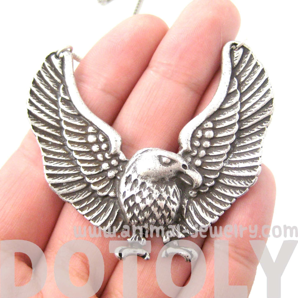 Large Bald Eagle Hawk Bird Shaped Animal Pendant Necklace in Silver