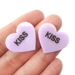 Candy Kiss Sweethearts Heart Shaped Laser Cut Stud Earrings in Purple