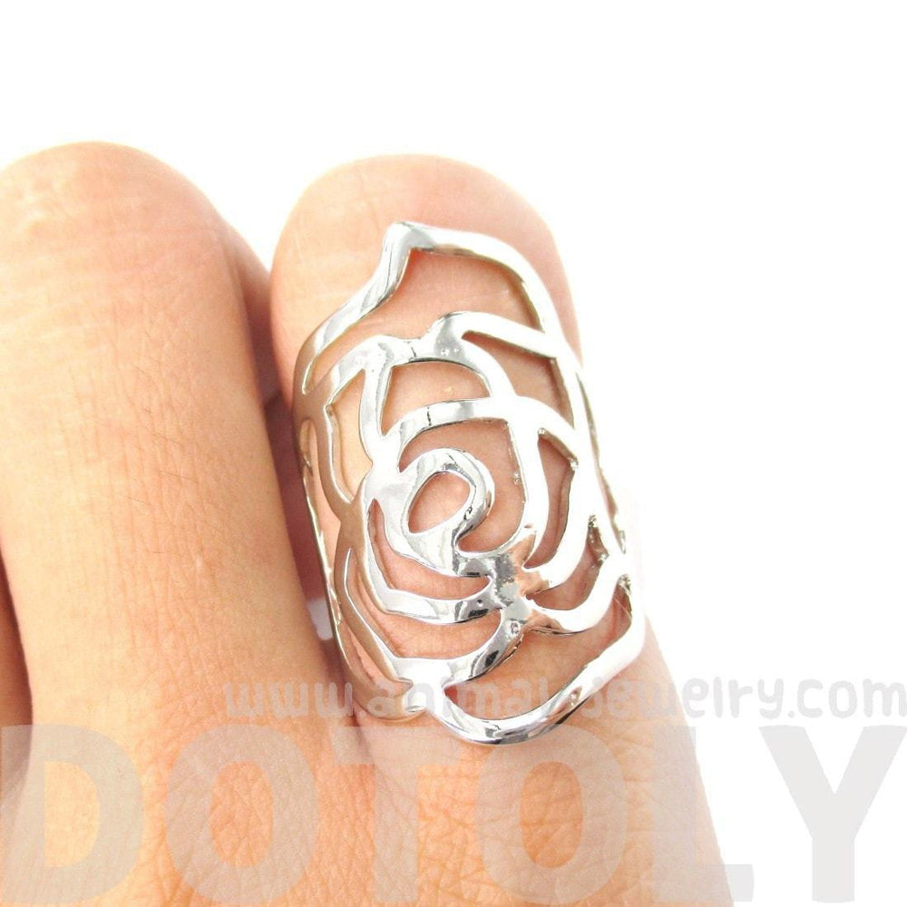Large Classic Floral Rose Cut Out Shaped Ring in Shiny Silver | DOTOLY