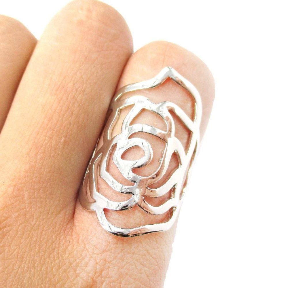 Large Classic Floral Rose Cut Out Shaped Ring in Shiny Silver | DOTOLY