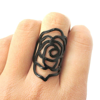 Large Classic Floral Rose Dye Cut Shaped Ring in Black | DOTOLY