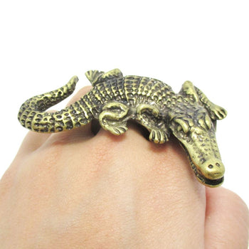 Large Crocodile Alligator Double Finger Statement Ring