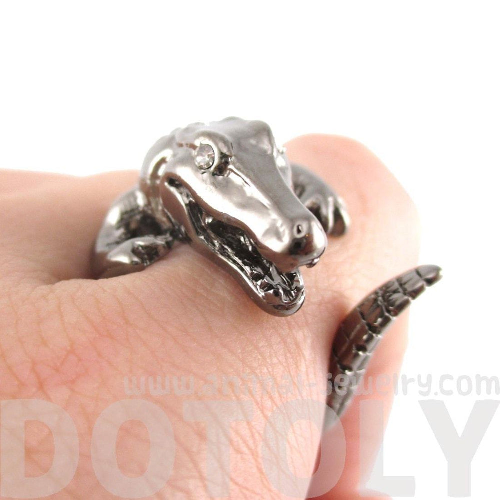 Crocodile Alligator Animal Wrap Ring in Gunmetal Silver