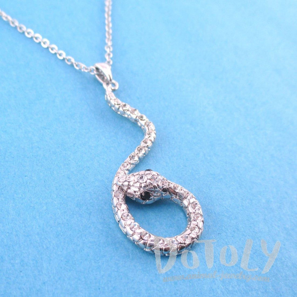 Large Dangling Snake Pendant Necklace in Silver with Rhinestones | DOTOLY