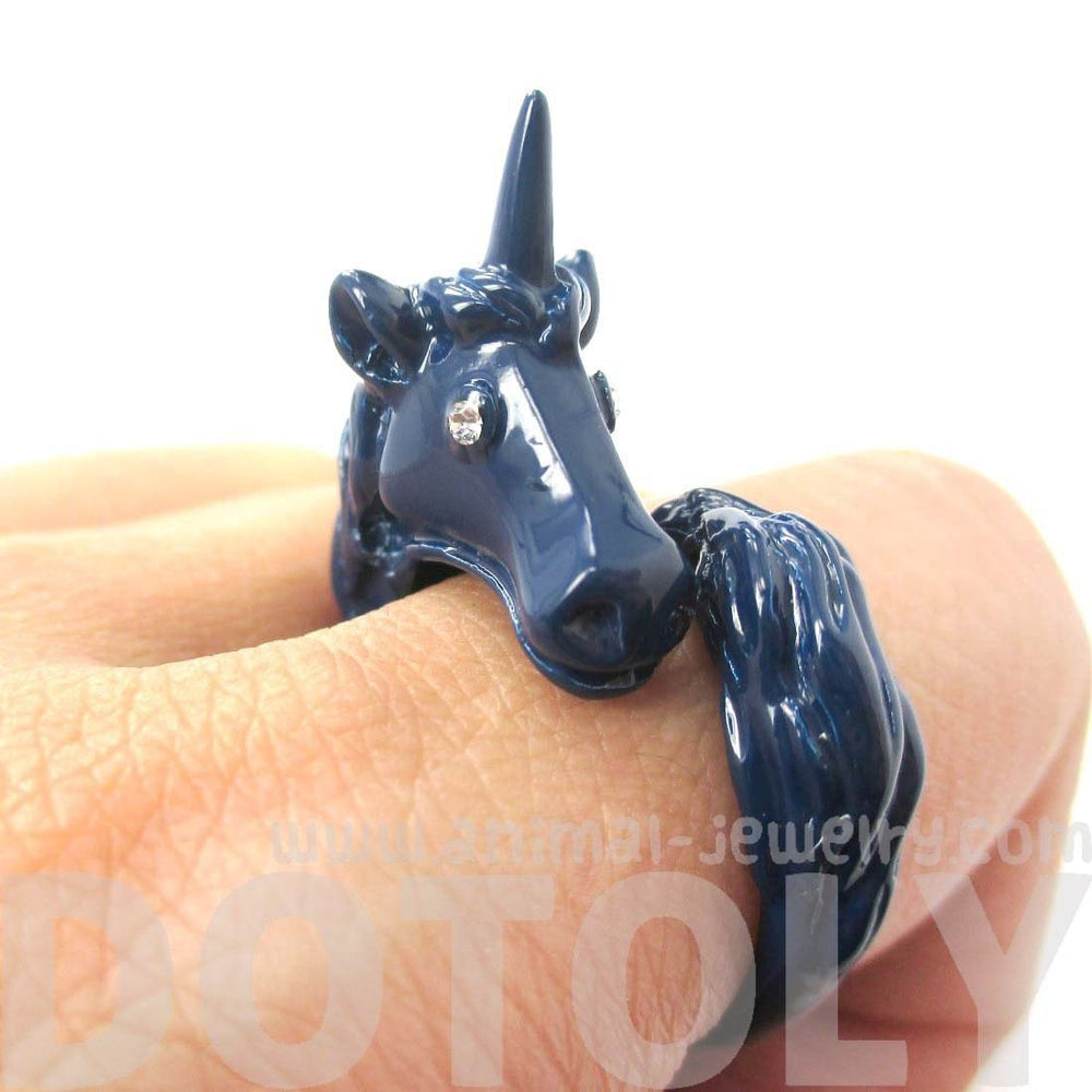 Large Detailed Unicorn Animal Wrap Around Ring in Navy Blue | DOTOLY