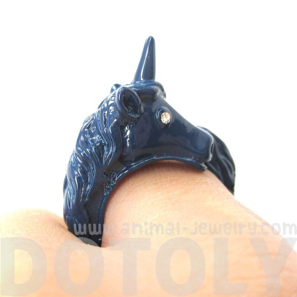 Large Detailed Unicorn Animal Wrap Around Ring in Navy Blue | DOTOLY