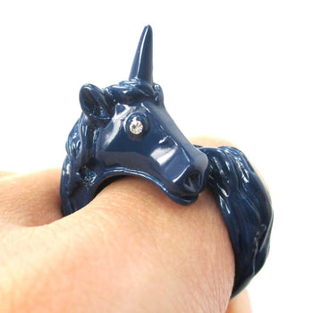 Large Detailed Unicorn Animal Wrap Around Ring in Navy Blue | DOTOLY