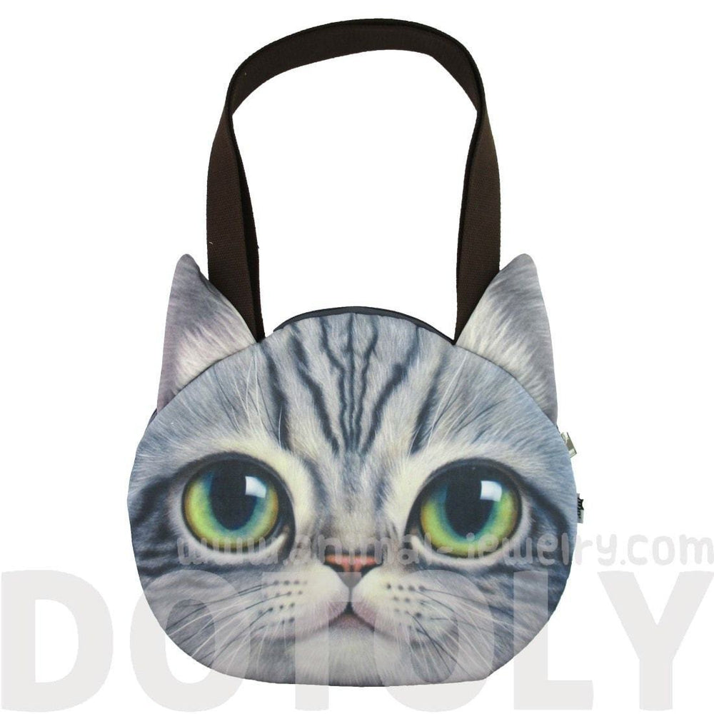 Large Grey Tabby Cat Face Shaped Shopper Tote Shoulder Bag | Gifts for Cat Lovers | DOTOLY