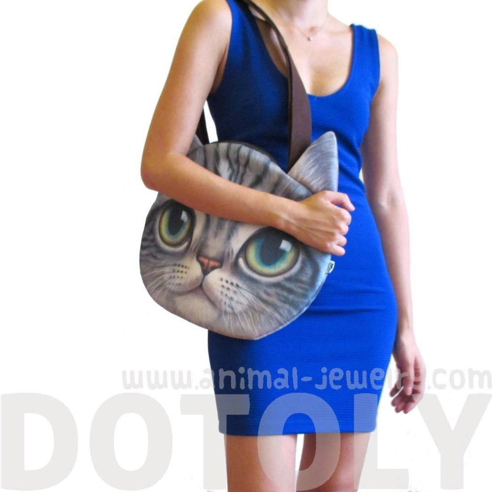 Large Grey Tabby Cat Face Shaped Shopper Tote Shoulder Bag | Gifts for Cat Lovers | DOTOLY