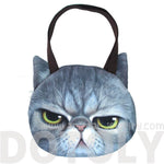 Large Grumpy Cat Face Shaped Grey Tabby Digital Print Shopper Tote Sling Bag | Gifts for Cat Lovers | DOTOLY