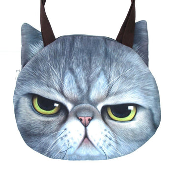 Large Grumpy Cat Face Shaped Grey Tabby Digital Print Shopper Tote Sling Bag | Gifts for Cat Lovers | DOTOLY