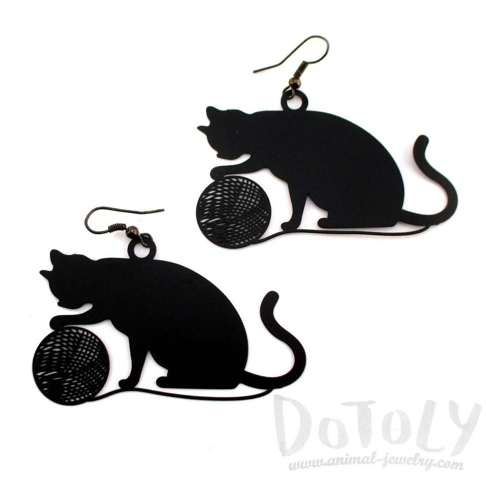 Large Kitty Cat Playing with a Ball of Yarn Silhouette Shaped Dangle Earrings in Black | DOTOLY