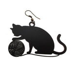 Large Kitty Cat Playing with a Ball of Yarn Silhouette Shaped Dangle Earrings in Black | DOTOLY