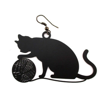 Large Kitty Cat Playing with a Ball of Yarn Silhouette Shaped Dangle Earrings in Black | DOTOLY