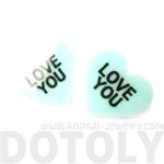 Large Love You Candy Heart Sweethearts Shaped Laser Cut Stud Earrings in Mint | DOTOLY