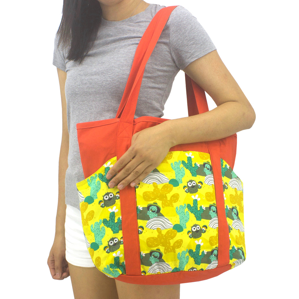 Large Shoulder Tote Diaper Bag with Bright Yellow Desert Cactus Print