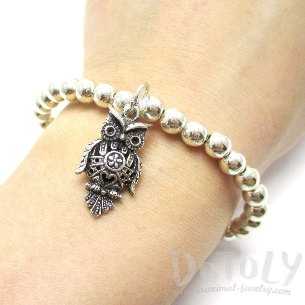 Large Owl Bird Shaped Charm Animal Themed Stretchy Bracelet in Silver | DOTOLY