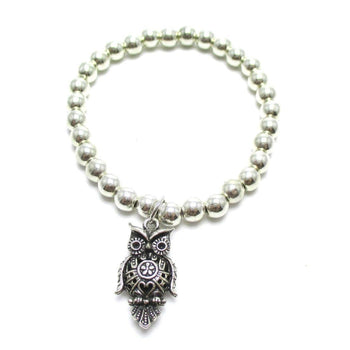 Large Owl Bird Shaped Charm Animal Themed Stretchy Bracelet in Silver | DOTOLY