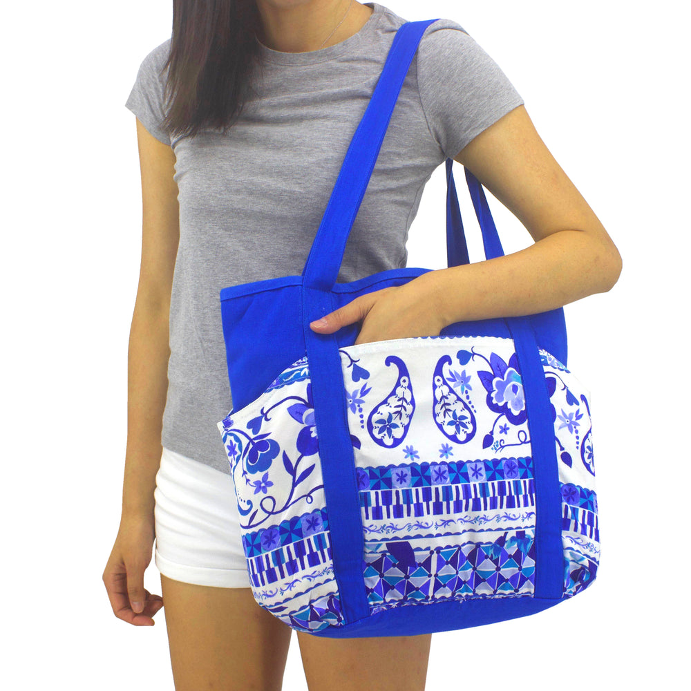 Large Utility Floral Print Blue Canvas Shoulder Tote Diaper Bag for Women