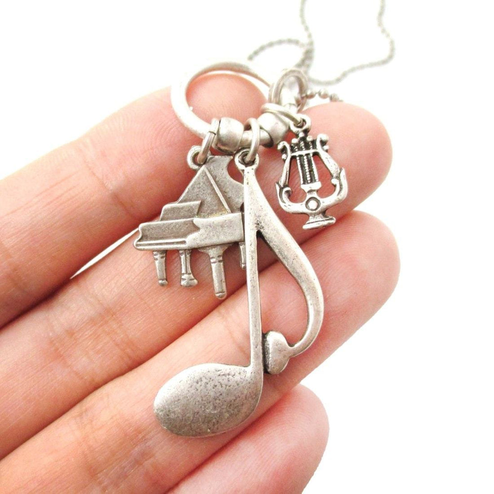 Large Quaver Note Piano and Musical Notes Shaped Charm Necklace in Silver | DOTOLY