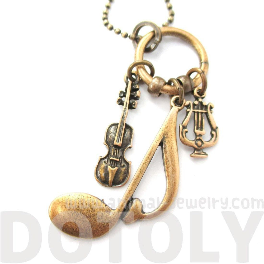 Large Quaver Note Violin and Musical Notes Shaped Charm Necklace in Bronze | DOTOLY