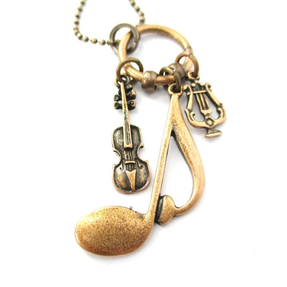Large Quaver Note Violin and Musical Notes Shaped Charm Necklace in Bronze | DOTOLY