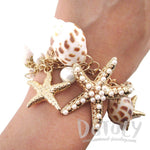 Large Starfish Seashells and Pearls Linked Charm Bracelet | DOTOLY