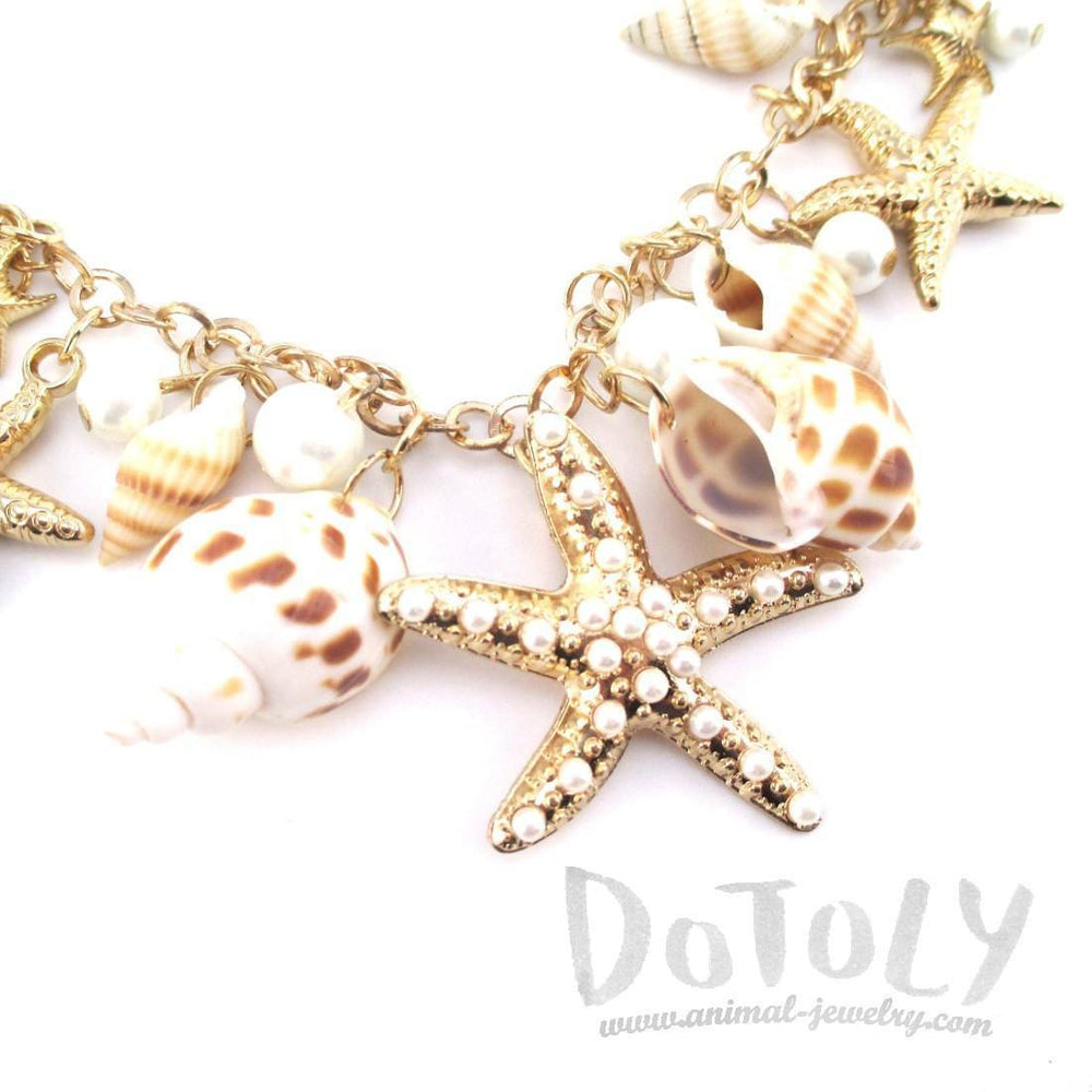 Large Starfish Seashells and Pearls Linked Charm Bracelet | DOTOLY