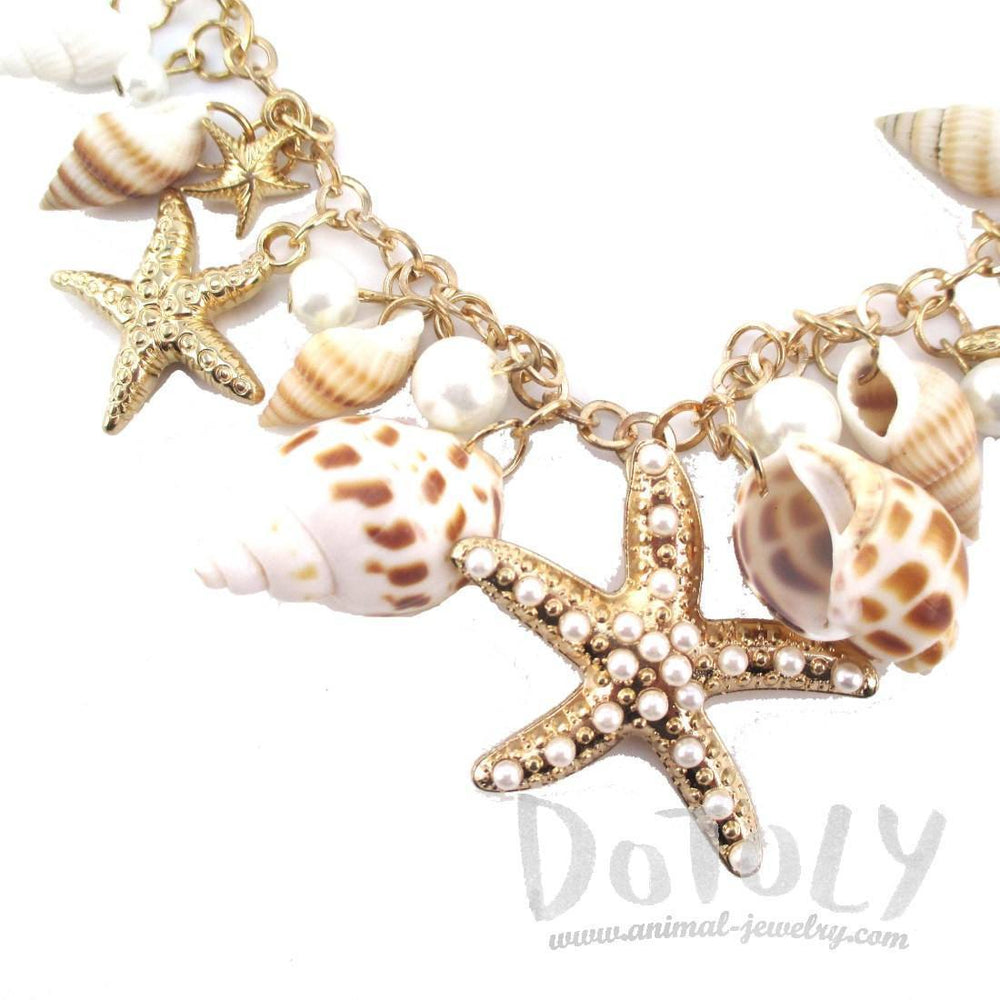 Large Starfish Seashells and Pearls Linked Charm Bracelet | DOTOLY