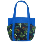 Large Utility Floral Print Blue Canvas Shoulder Tote Bag with Many Pockets