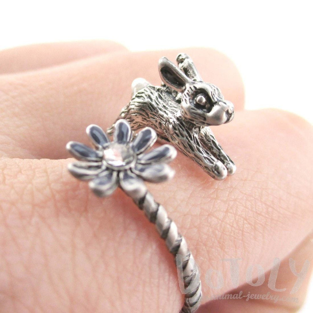Leaping Bunny Rabbit and Flower Wrap Around Adjustable Ring in Silver | DOTOLY