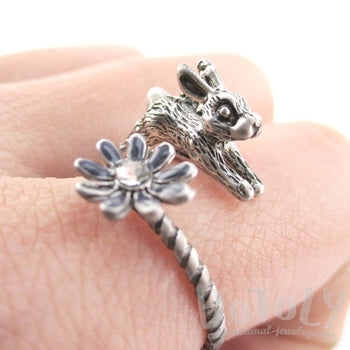Leaping Bunny Rabbit and Flower Wrap Around Adjustable Ring in Silver | DOTOLY