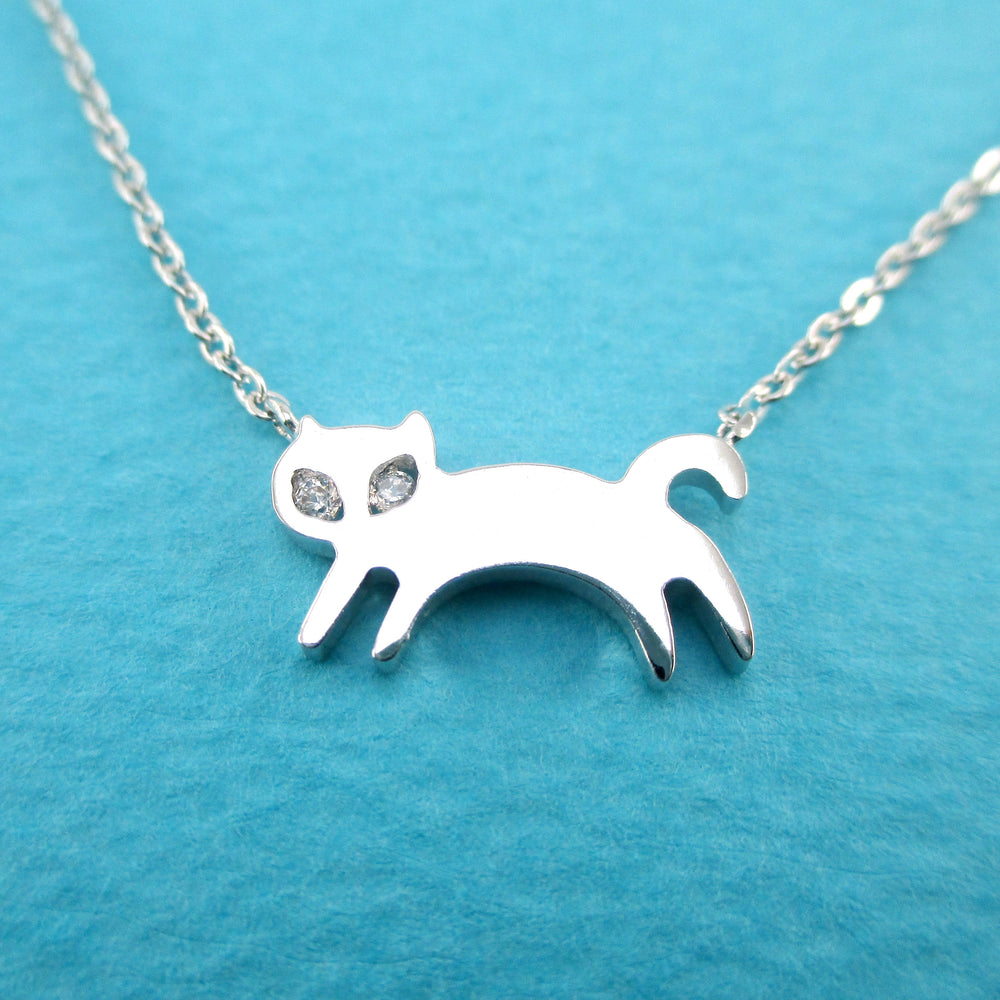Leaping Kitty Cat Silhouette Shaped Choker Pendant Necklace in Silver