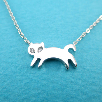 Leaping Kitty Cat Silhouette Shaped Choker Pendant Necklace in Silver